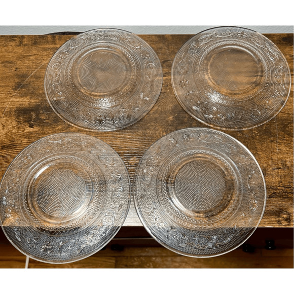 KIG Malaysia Pressed Glass Clear 10" Dinner Plate Fleur de Lis-TRELLIS -Set of 4 - Picture 12 of 12